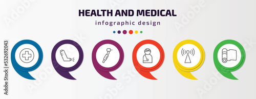 health and medical infographic template with icons and 6 step or option. health and medical icons such as medical, inhalator, dental drill, injury, non ionizing radiation, yoga mat vector. can be