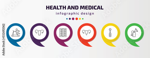 health and medical infographic template with icons and 6 step or option. health and medical icons such as treadmill, gynecology, contraceptive pills, uterus, electric toothbrush, breast pump vector.