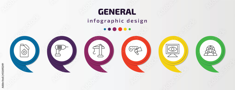 general infographic template with icons and 6 step or option. general icons such as engine oil, perforator, construction crane, in-game advertising, computer vision, team vector. can be used for general infographic template with icons and 6 step or option. general icons such as engine oil, perforator, construction crane, in-game advertising, computer vision, team vector. can be used for