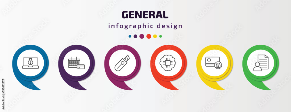 general infographic template with icons and 6 step or option. general icons such as digital economy, annual fee, stationery knife, future technology, credit limit, agent script vector. can be used general infographic template with icons and 6 step or option. general icons such as digital economy, annual fee, stationery knife, future technology, credit limit, agent script vector. can be used