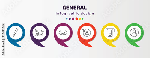 general infographic template with icons and 6 step or option. general icons such as fretsaw, group opinion, affiliate link, direct marketing, atm cash, impeachment vector. can be used for banner,