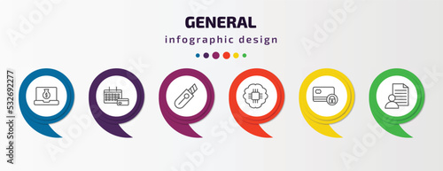 general infographic template with icons and 6 step or option. general icons such as digital economy, annual fee, stationery knife, future technology, credit limit, agent script vector. can be used