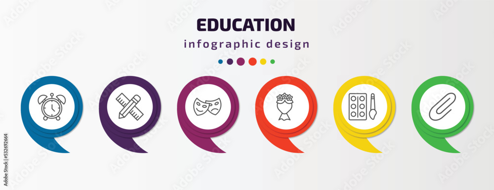 education infographic template with icons and 6 step or option. education icons such as wake up, school material, shakespeare, bouquet, watercolor, attachment vector. can be used for banner, info education infographic template with icons and 6 step or option. education icons such as wake up, school material, shakespeare, bouquet, watercolor, attachment vector. can be used for banner, info