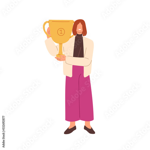 Winner and trophy, award. Business woman holds gold cup, goblet in hand for f...