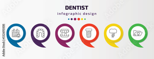 dentist infographic template with icons and 6 step or option. dentist icons such as dental appointment, maxilla, overdenture, implant fixture, implant, dental folder vector. can be used for banner, photo