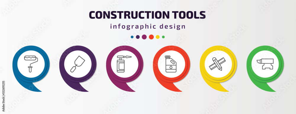 construction tools infographic template with icons and 6 step or option. construction tools icons such as painter roller, gardening palette, blowtorch, gallon oil, pencil and ruler, anvil vector. construction tools infographic template with icons and 6 step or option. construction tools icons such as painter roller, gardening palette, blowtorch, gallon oil, pencil and ruler, anvil vector.