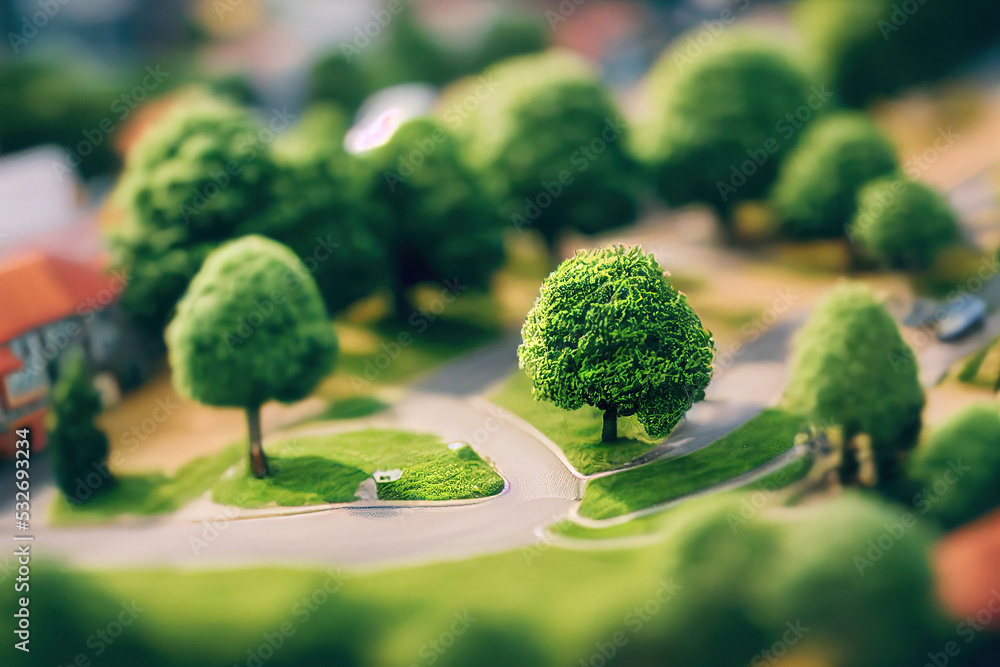 Φωτογραφία modern generic contemporary style miniature model of glass and trees of a landscaped park with tilt-shift focus technique - mixed 3D with manual matte painting digital image