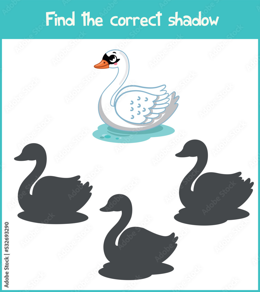 Find the correct shadow of the swan. Educational game for kids. Cartoon Vector illustration. Find the correct shadow of the swan. Educational game for kids. Cartoon Vector illustration.