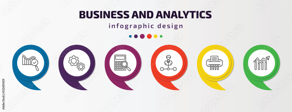 business and analytics infographic template with icons and 6 step or option. business and analytics icons such as search analytics, cogwheel hine part, supplies, department head, shredder, data business and analytics infographic template with icons and 6 step or option. business and analytics icons such as search analytics, cogwheel hine part, supplies, department head, shredder, data