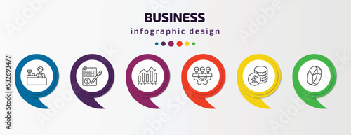 business infographic template with icons and 6 step or option. business icons such as supermarket cashier, bailment, increase rate, work parteners, pounds coins stack, quarter pie chart vector. can