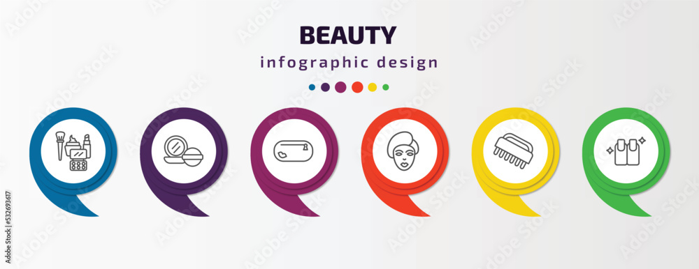 beauty infographic template with icons and 6 step or option. beauty icons such as makeup, powder, little makeup box, woman face, nail brush, finger with nail vector. can be used for banner, info beauty infographic template with icons and 6 step or option. beauty icons such as makeup, powder, little makeup box, woman face, nail brush, finger with nail vector. can be used for banner, info