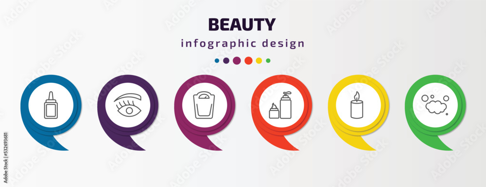 beauty infographic template with icons and 6 step or option. beauty icons such as aplicator bottle, woman eye, big scale, skincare, candle light, foam vector. can be used for banner, info graph, beauty infographic template with icons and 6 step or option. beauty icons such as aplicator bottle, woman eye, big scale, skincare, candle light, foam vector. can be used for banner, info graph,
