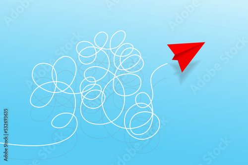Top view of paper planes with doodle line. Concept of business, leadership, problem solution, success, education, teamwork, mission target, think different, standout vision, courage management