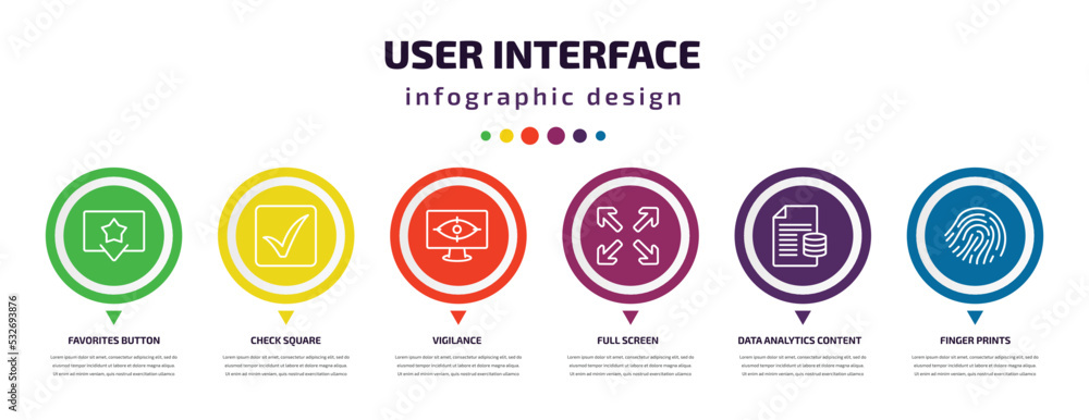 user interface infographic element with icons and 6 step or option. user interface icons such as favorites button, check square, vigilance, full screen, data analytics content, finger prints vector. user interface infographic element with icons and 6 step or option. user interface icons such as favorites button, check square, vigilance, full screen, data analytics content, finger prints vector.
