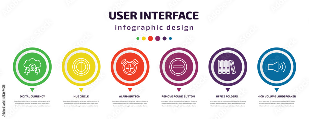 user interface infographic element with icons and 6 step or option. user interface icons such as digital currency, hue circle, alarm button, remove round button, office folders, high volume user interface infographic element with icons and 6 step or option. user interface icons such as digital currency, hue circle, alarm button, remove round button, office folders, high volume