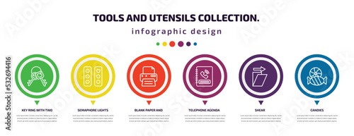 tools and utensils collection. infographic element with icons and 6 step or option. tools and utensils collection. icons such as key ring with two keys, semaphore lights, blank paper printer,