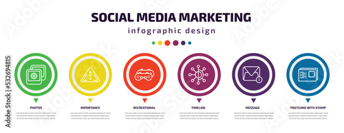social media marketing infographic element with icons and 6 step or option. social media marketing icons such as photos, importance, recreational, timeline, message, postcard with stamp vector. can