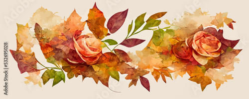 watercolor vector autumn banner with roses and leaves