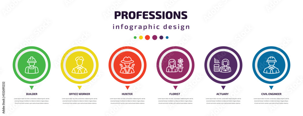 professions infographic element with icons and 6 step or option. professions icons such as builder, office worker, hunter, florist, actuary, civil engineer vector. can be used for banner, info professions infographic element with icons and 6 step or option. professions icons such as builder, office worker, hunter, florist, actuary, civil engineer vector. can be used for banner, info