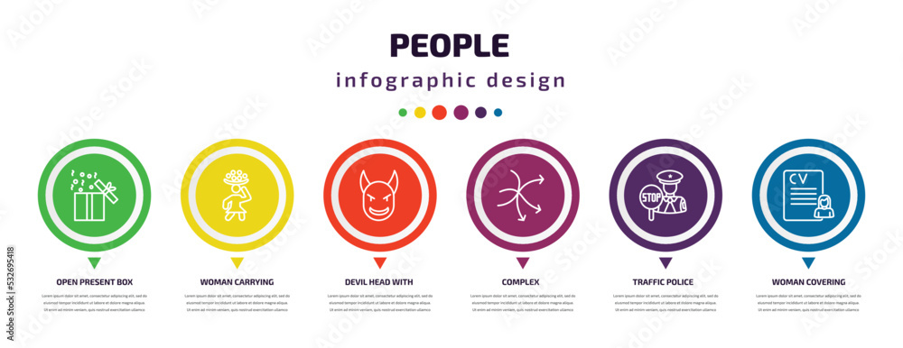 people infographic element with icons and 6 step or option. people icons such as open present box, woman carrying, devil head with horns, complex, traffic police, woman covering vector. can be used