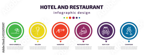 hotel and restaurant infographic element with icons and 6 step or option. hotel and restaurant icons such as beach umbrella, balloon, hairdryer, restaurant tray, rent a car, champagne vector. can be