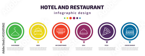 hotel and restaurant infographic element with icons and 6 step or option. hotel and restaurant icons such as checkroom, beds, air conditioner, dish, pizza, cheese burger vector. can be used for