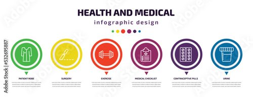 health and medical infographic element with icons and 6 step or option. health and medical icons such as patient robe, surgery, exercise, medical checklist, contraceptive pills, urine vector. can be