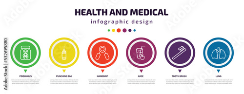 health and medical infographic element with icons and 6 step or option. health and medical icons such as poisonous, punching bag, handgrip, juice, tooth brush, lung vector. can be used for banner,