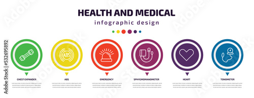 health and medical infographic element with icons and 6 step or option. health and medical icons such as chest expander, abs, emergency, sphygmomanometer, heart, tonometer vector. can be used for