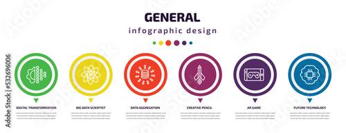 general infographic element with icons and 6 step or option. general icons such as digital transformation, big data scientist, data aggregation, creative pencil rocket, ar game, future technology