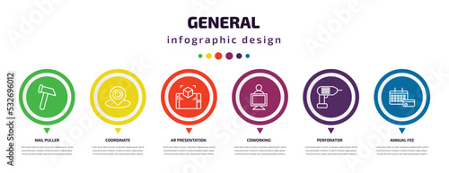 general infographic element with icons and 6 step or option. general icons such as nail puller, coordinate, ar presentation, coworking, perforator, annual fee vector. can be used for banner, info