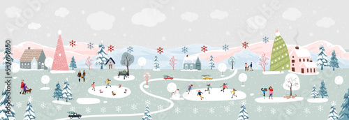Winter wonderland landscape background at night with people celebration and kids having fun at park in village.Vector illustration Cute cartoon for greeting card  or banner for Christmas or New Year