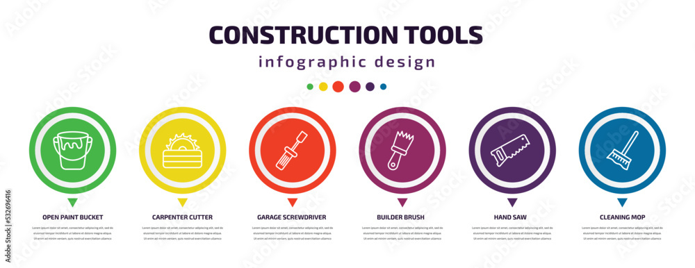 construction tools infographic element with icons and 6 step or option. construction tools icons such as open paint bucket, carpenter cutter, garage screwdriver, builder brush, hand saw, cleaning construction tools infographic element with icons and 6 step or option. construction tools icons such as open paint bucket, carpenter cutter, garage screwdriver, builder brush, hand saw, cleaning