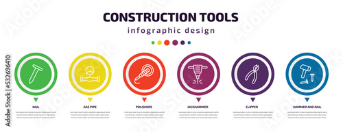 construction tools infographic element with icons and 6 step or option. construction tools icons such as nail, gas pipe, polishers, jackhammer, clipper, hammer and nail vector. can be used for