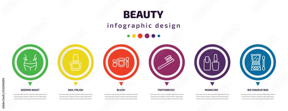 beauty infographic element with icons and 6 step or option. beauty icons such as women waist, nail polish, blush, toothbrush, manicure, big makeup box vector. can be used for banner, info graph,