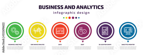 business and analytics infographic element with icons and 6 step or option. business and analytics icons such as cogwheel hine part, sine waves analysis, data, debt, 3d location graph, analytics photo