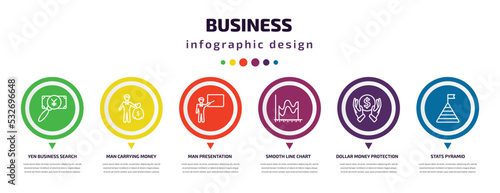business infographic element with icons and 6 step or option. business icons such as yen business search, man carrying money, man presentation, smooth line chart, dollar money protection, stats