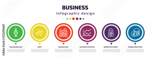 business infographic element with icons and 6 step or option. business icons such as man holding a big coin, ingot, column chart, line chart statistics, woman with money, pounds coins stack vector.