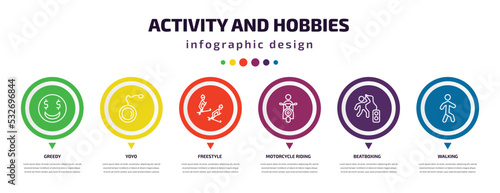 activity and hobbies infographic element with icons and 6 step or option. activity and hobbies icons such as greedy, yoyo, freestyle, motorcycle riding, beatboxing, walking vector. can be used for