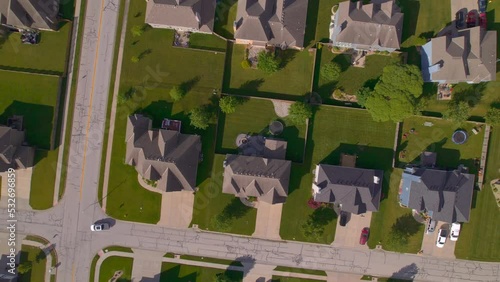 Ascending Drone Fly over Aereal view Missouri Suburbs in a cute newer neighborhood at Lee's summit. photo