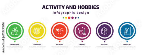 activity and hobbies infographic element with icons and 6 step or option. activity and hobbies icons such as knife making, dartboard, balancing, cleaning, modeling, rappelling vector. can be used
