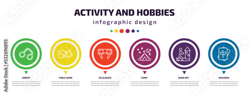activity and hobbies infographic element with icons and 6 step or option. activity and hobbies icons such as arrest, table game, 3d glasses, camp, sand art, mahjong vector. can be used for banner,