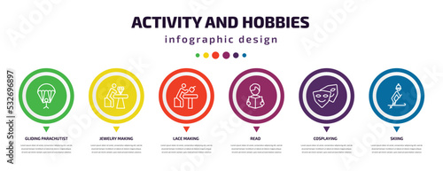 activity and hobbies infographic element with icons and 6 step or option. activity and hobbies icons such as gliding parachutist, jewelry making, lace making, read, cosplaying, skiing vector. can be