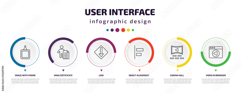 user interface infographic element with icons and 6 step or option. user interface icons such as image with frame, man certificate, low, object alignment, cinema hall, video in browser vector. can user interface infographic element with icons and 6 step or option. user interface icons such as image with frame, man certificate, low, object alignment, cinema hall, video in browser vector. can