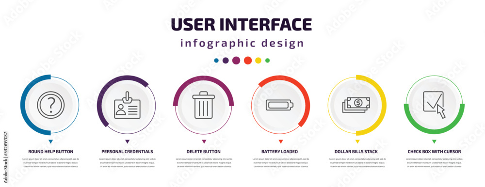 user interface infographic element with icons and 6 step or option ...