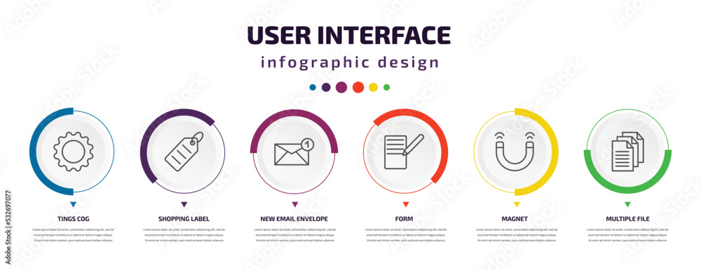 user interface infographic element with icons and 6 step or option. user interface icons such as tings cog, shopping label, new email envelope, form, magnet, multiple file vector. can be used for user interface infographic element with icons and 6 step or option. user interface icons such as tings cog, shopping label, new email envelope, form, magnet, multiple file vector. can be used for