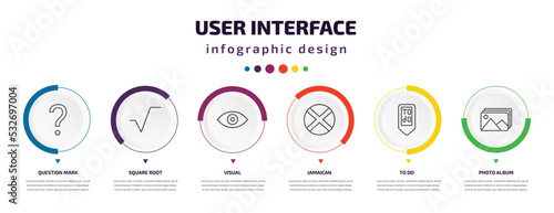 user interface infographic element with icons and 6 step or option. user interface icons such as question mark, square root, visual, jamaican, to do, photo album vector. can be used for banner, info