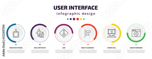 user interface infographic element with icons and 6 step or option. user interface icons such as image with frame, man certificate, low, object alignment, cinema hall, video in browser vector. can