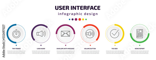 user interface infographic element with icons and 6 step or option. user interface icons such as tiny power, loud audio, envelope with message, volume button, tick box, news report vector. can be