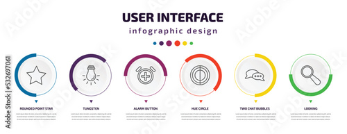 user interface infographic element with icons and 6 step or option. user interface icons such as rounded point star, tungsten, alarm button, hue circle, two chat bubbles, looking vector. can be used